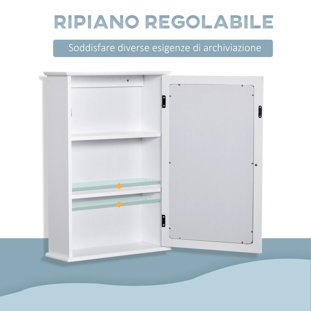 Specchio Bagno Contenitore con Anta Magnetica, Mobile Bagno con Specchio, Ripiano Regolabile, Bianco