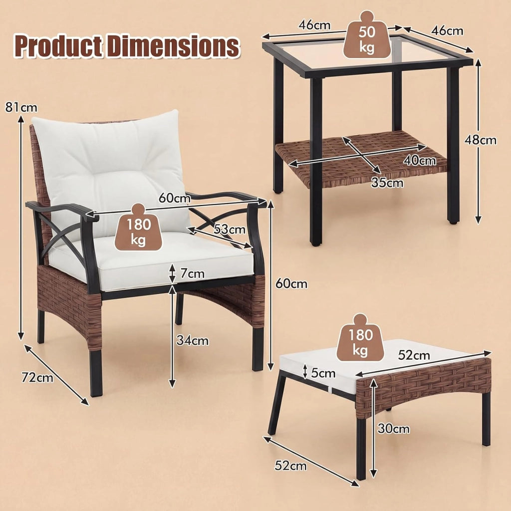 Set di mobili da giardino in rattan, per balconi, balconi, terrazze, 2 poltrone con sgabello, con cuscino, set di mobili da balcone per 2 persone (Beige)