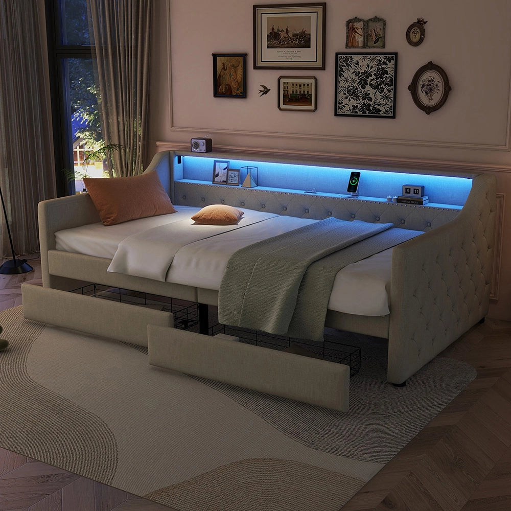 Letto a cassetti - Xylo - 90x200 cm - Lino Beige - Luci ambientali telecomando