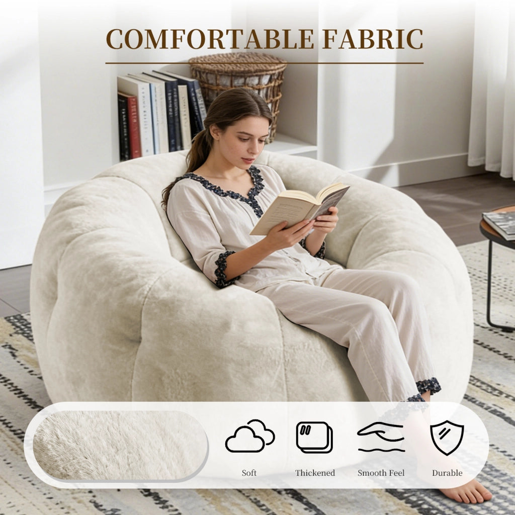 Fauteuil pouf rotondo in flanella con struttura stabile e seduta ampia per soggiorno e camera da letto bianco