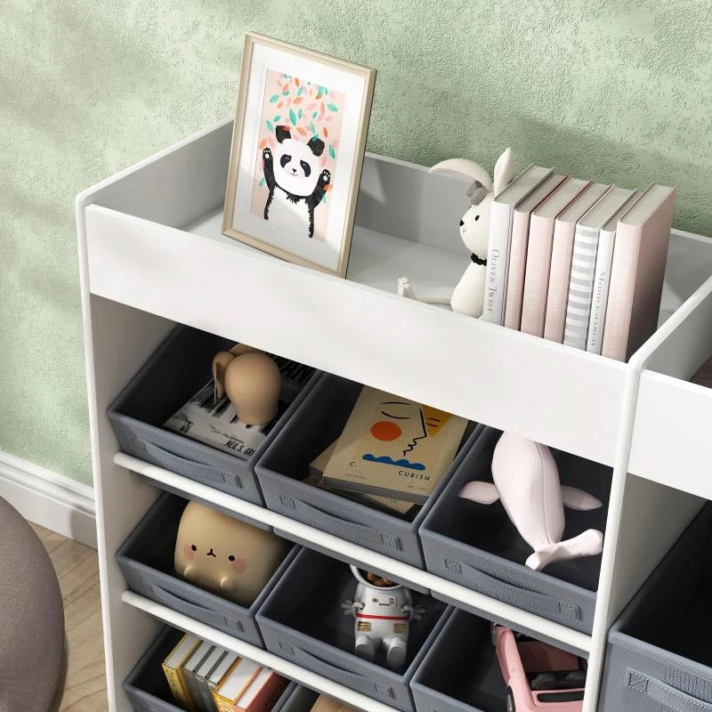 MOBILE PORTAGIOCHI PER BAMBINI CON 11 CESTINI IN TESSUTO, ARMADIETTO E RIPIANI, 105X30X80 CM, BIANCO