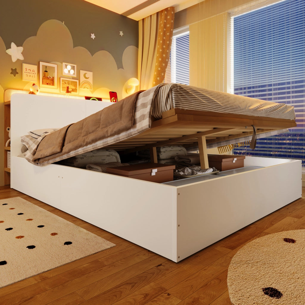 Letto contenitore 140x200 cm bianco e naturale con LED e USB-C