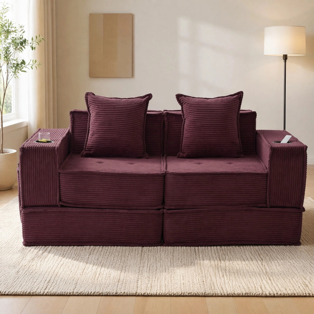 DIVANO 162x78x66 cm in tessuto a coste rosso vino con 2 cuscini
