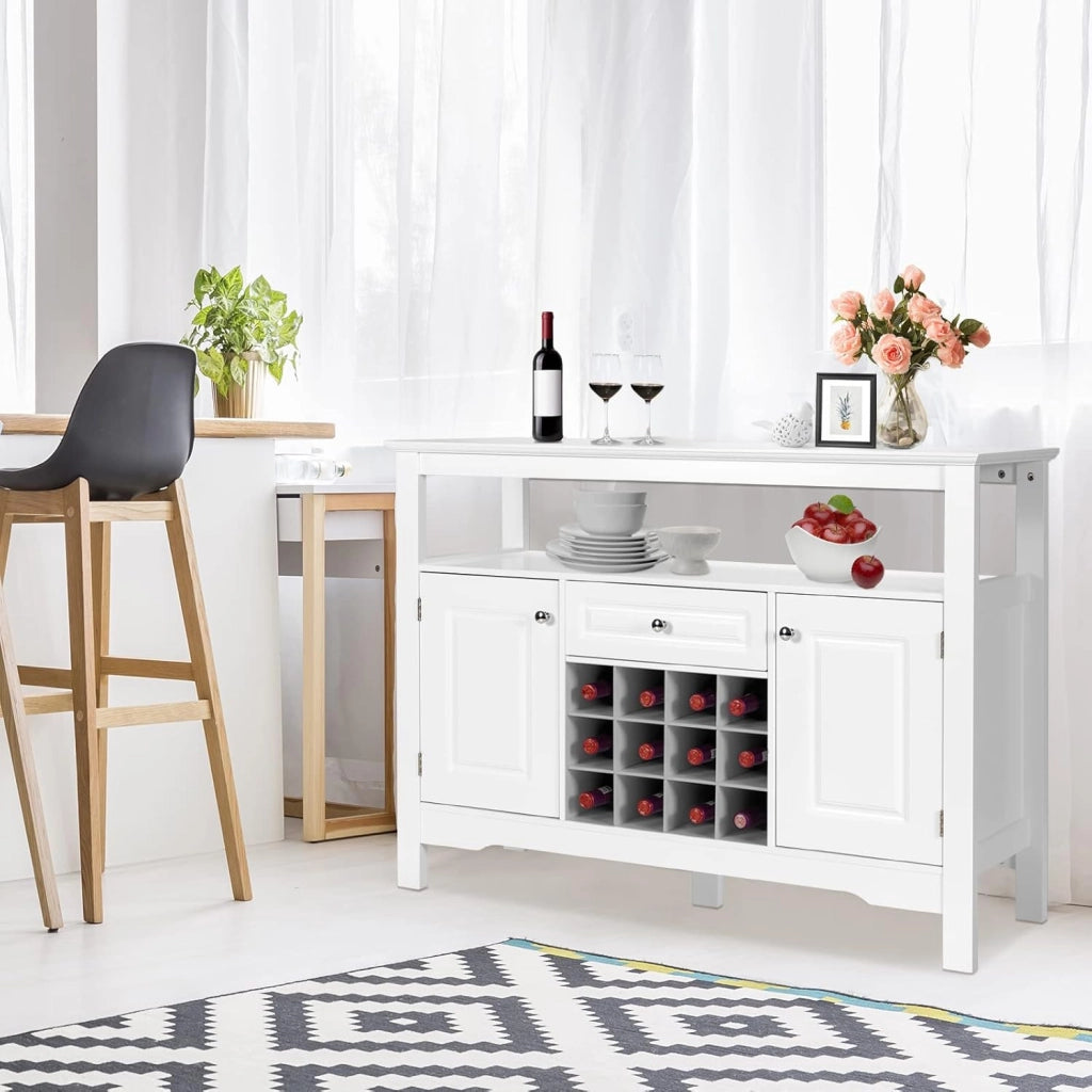 Tavolo Portabottiglie, 2 Ripiani, 12 Bottiglie, Cantinetta con 1 Cassetto e 2 Ante, Portabottiglie per Conservare ed Esporre il Vino, 116x40x82cm, 3 Colori (bianco)