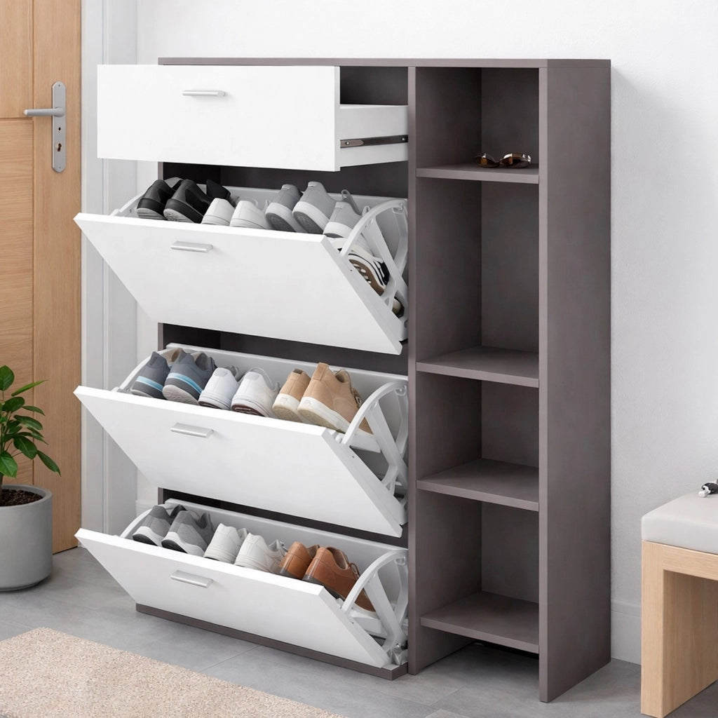 Scarpiera Mobile Portascarpe Salvaspazio Per Ingresso Con 2 Ribalte Doppia Profondità 1 Cassetto 3 Vani A Giorno Design Moderno Corridoio Sala 90 X 101.5 X 26 Cm Bianco E Grafite