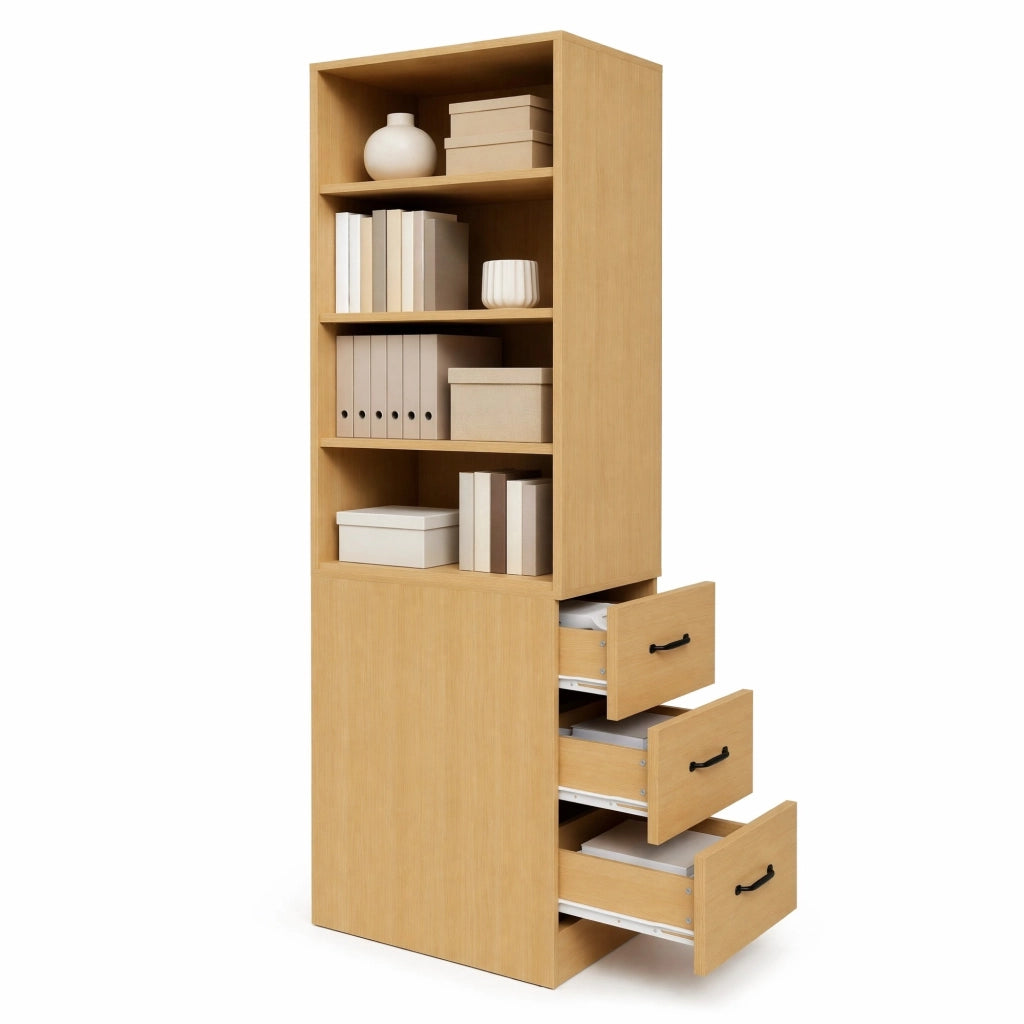 Libreria alta slim 180 cm con cassetti laterali, ripiani regolabili, colore rovere, per spazi piccoli