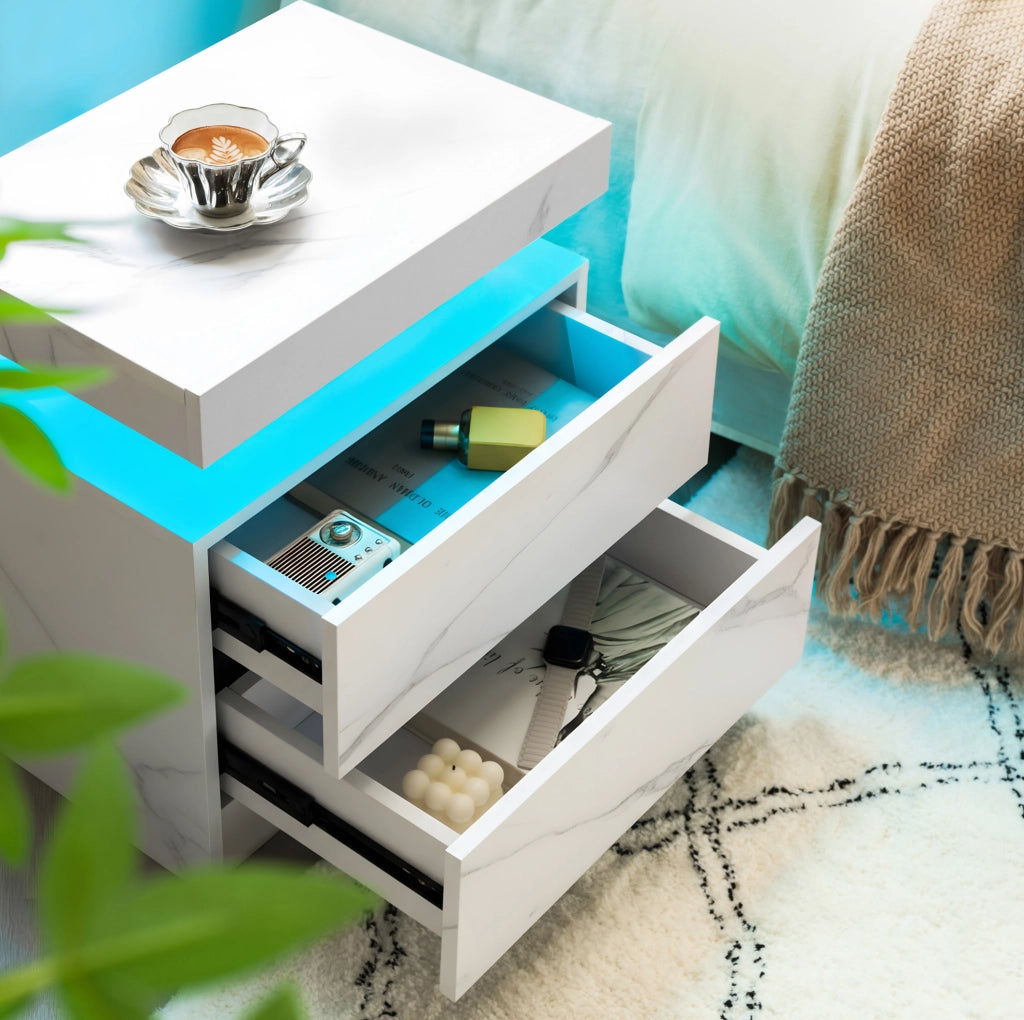 Comodino moderno con LED multicolore, 2 cassetti, bianco opaco