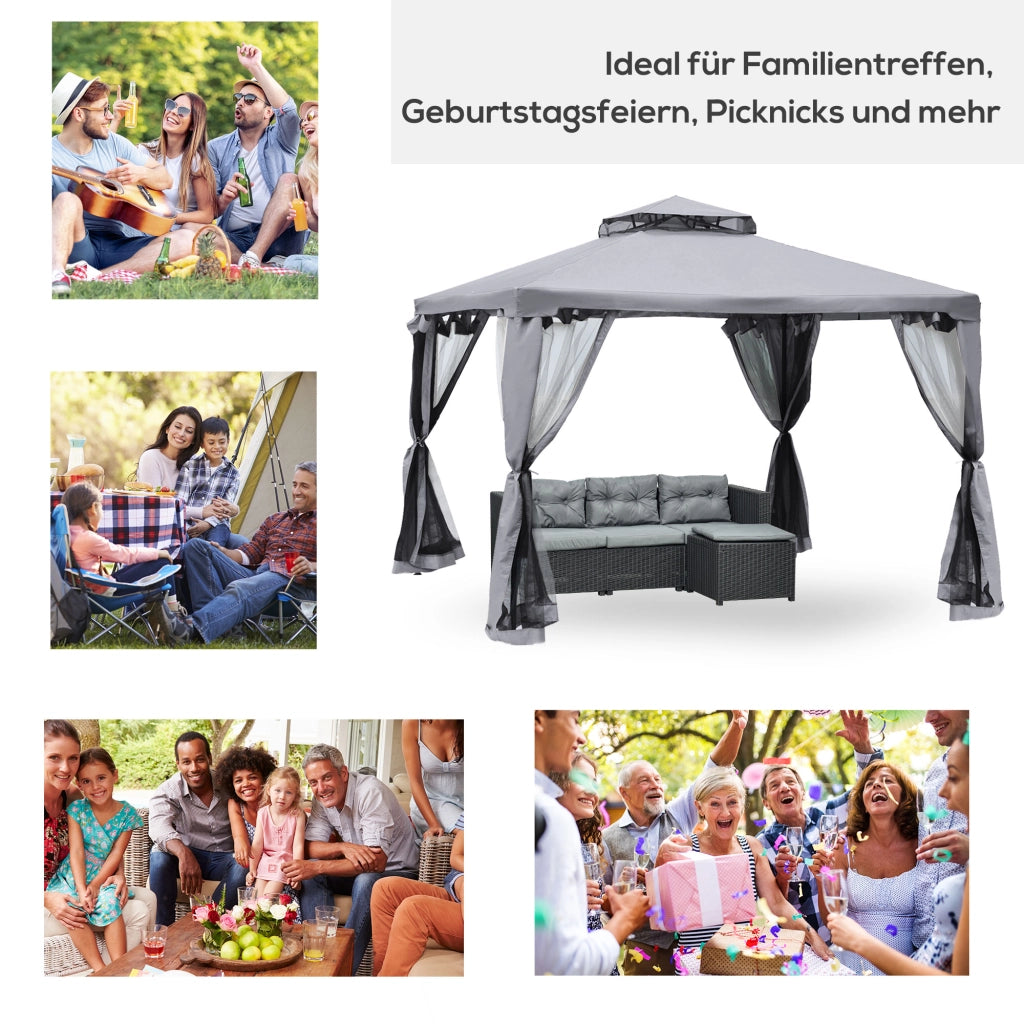Gazebo Da Giardino – 294 x 294 Cm – Poliestere – Grigio Antracite – 4 Pareti Con Rete Antinsetti