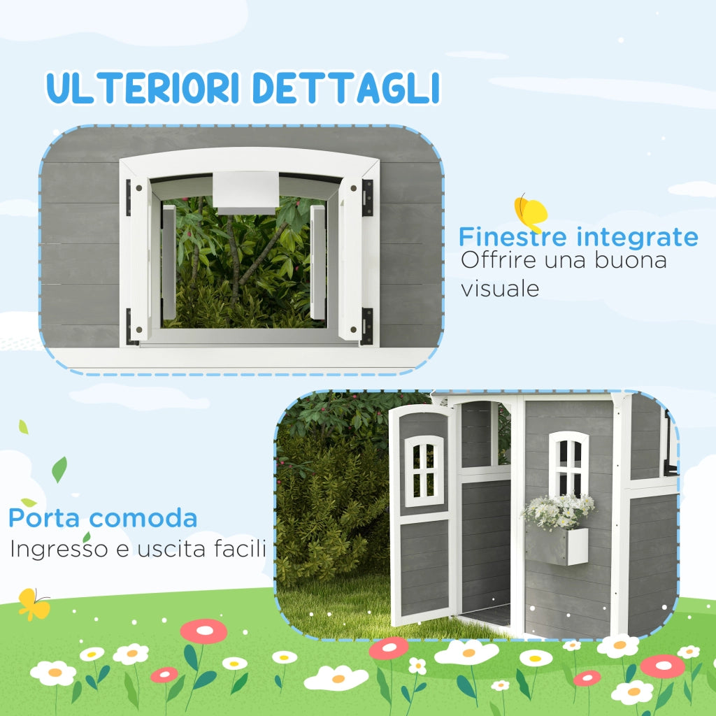 Casetta per Bambini in Legno di Abete ¨C Xylo ¨C 6 Finestre, Fioriera, 104.5x110x137 cm, Grigia