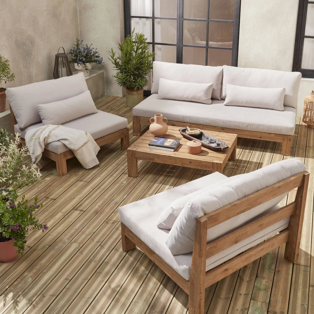 Salotto da giardino in legno, 5 posti, marrone naturale