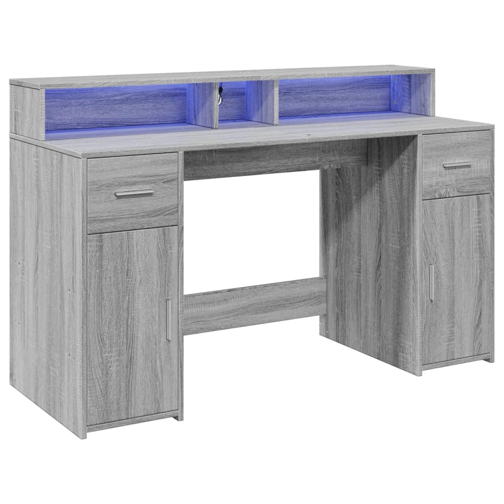 Scrivania tavolo postazione di lavoro mobile per computer mobile per studio e luci a LED Sonoma 140 x 55 x 91 cm legno ingegnerizzato grigio 02_0023807
