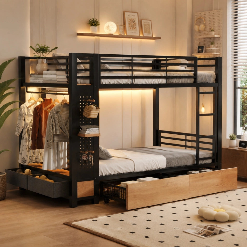 Letto a castello nero 90x200 cm con LED e 4 cassetti