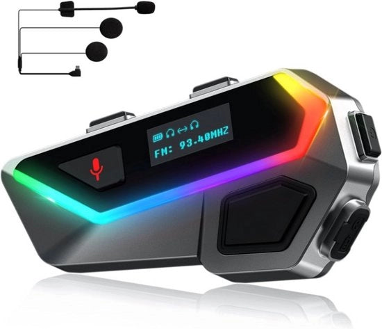 Intercom per Motocicletta - Intercom per Casco - Casco Motocicletta Headset - Bluetooth - Casco - Accessori Motocicletta - con Luce RGB - Riduzione Rumore - 6 Utenti - 2000m - per Condivisione Musica - Radio FM - Sistema di Comunicazione