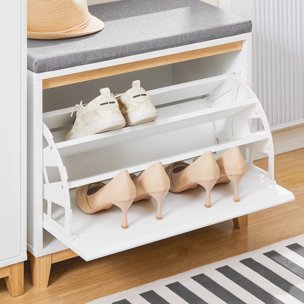 SoBuy Scarpiera con Ribalta Scarpiera con Panca Imbottita, Scarpiera Salvaspazio, Mobile da Ingresso, Bianco-Naturale, 60x34x55 cm FSR191-WN
