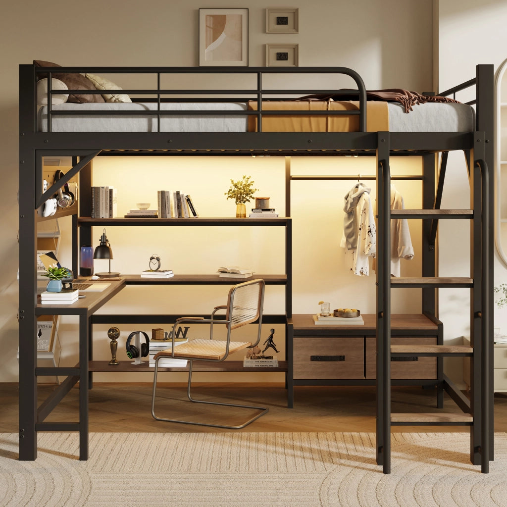 Letto a soppalco 140 x 200 cm con scrivania, LED e USB nero