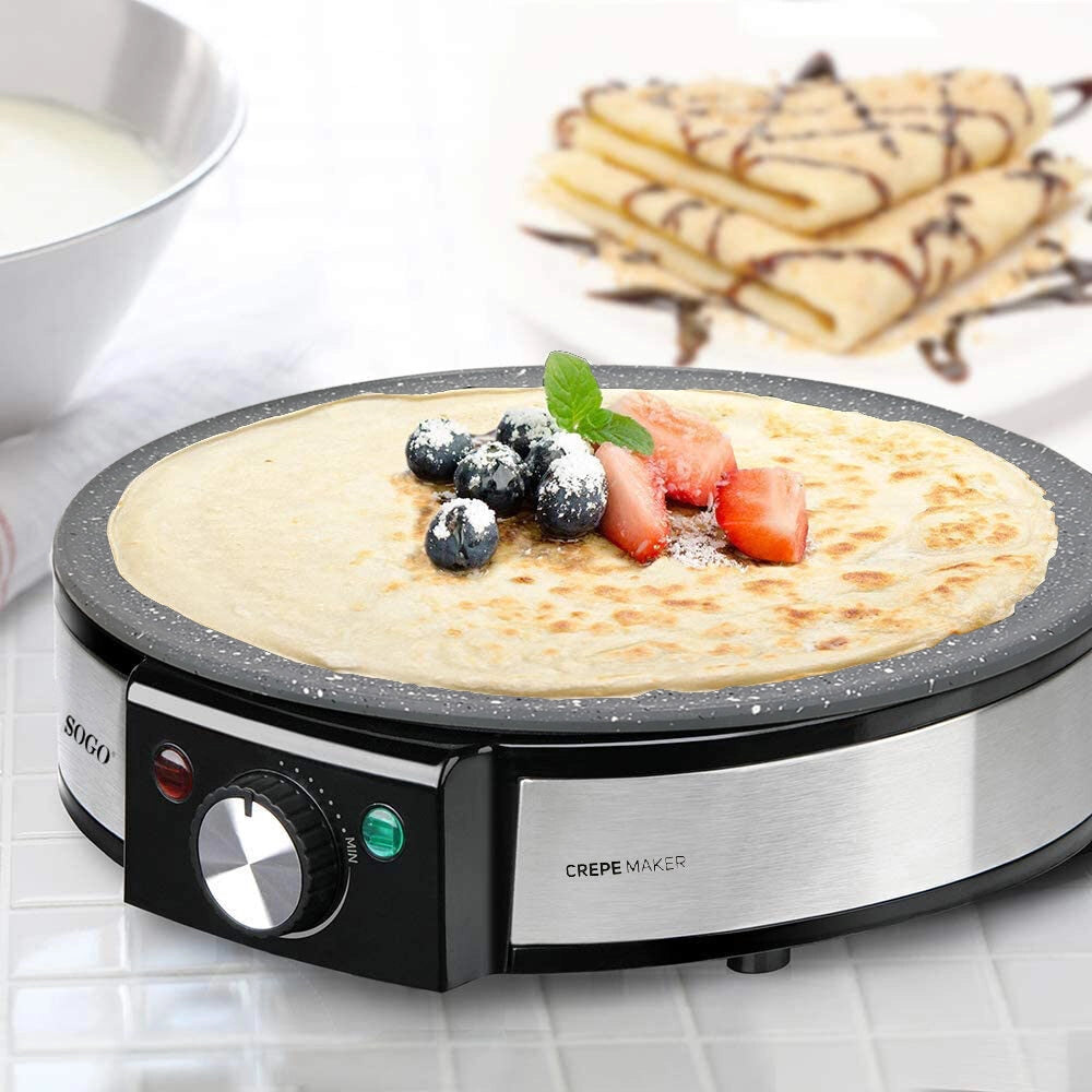Crepiera elettrica antiaderente 30cm, piastra pietra 1200W, controllo temperatura 5 livelli fino 230°C, supporto verticale - SOGO