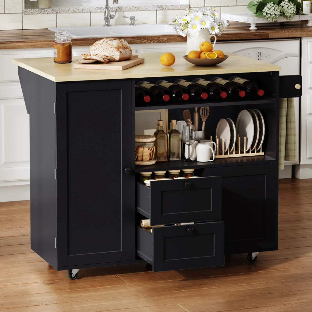 Carrello isola da cucina con piano ribaltabile, 2 cassetti, portabottiglie e ruote bloccabili, 104x69x89 cm