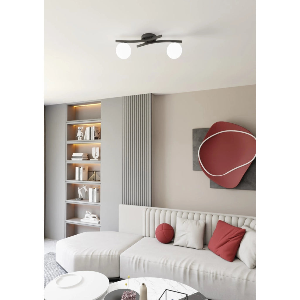 Lampada a sospensione Opus in acciaio nero e vetro opalino