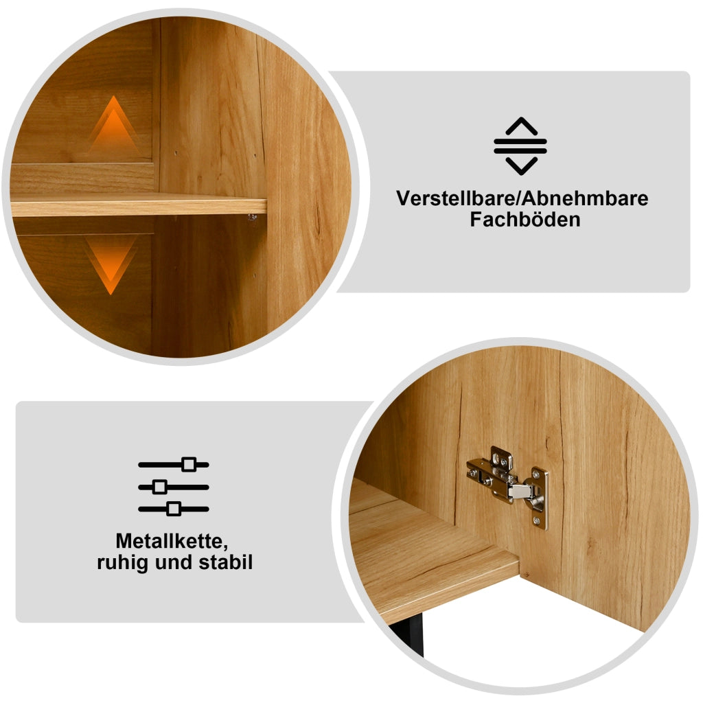 Credenza con 3 ante e ripiani regolabili, frontale geometrico, in bambù e MDF, naturale e nero, 105 × 33,5 × 76 cm