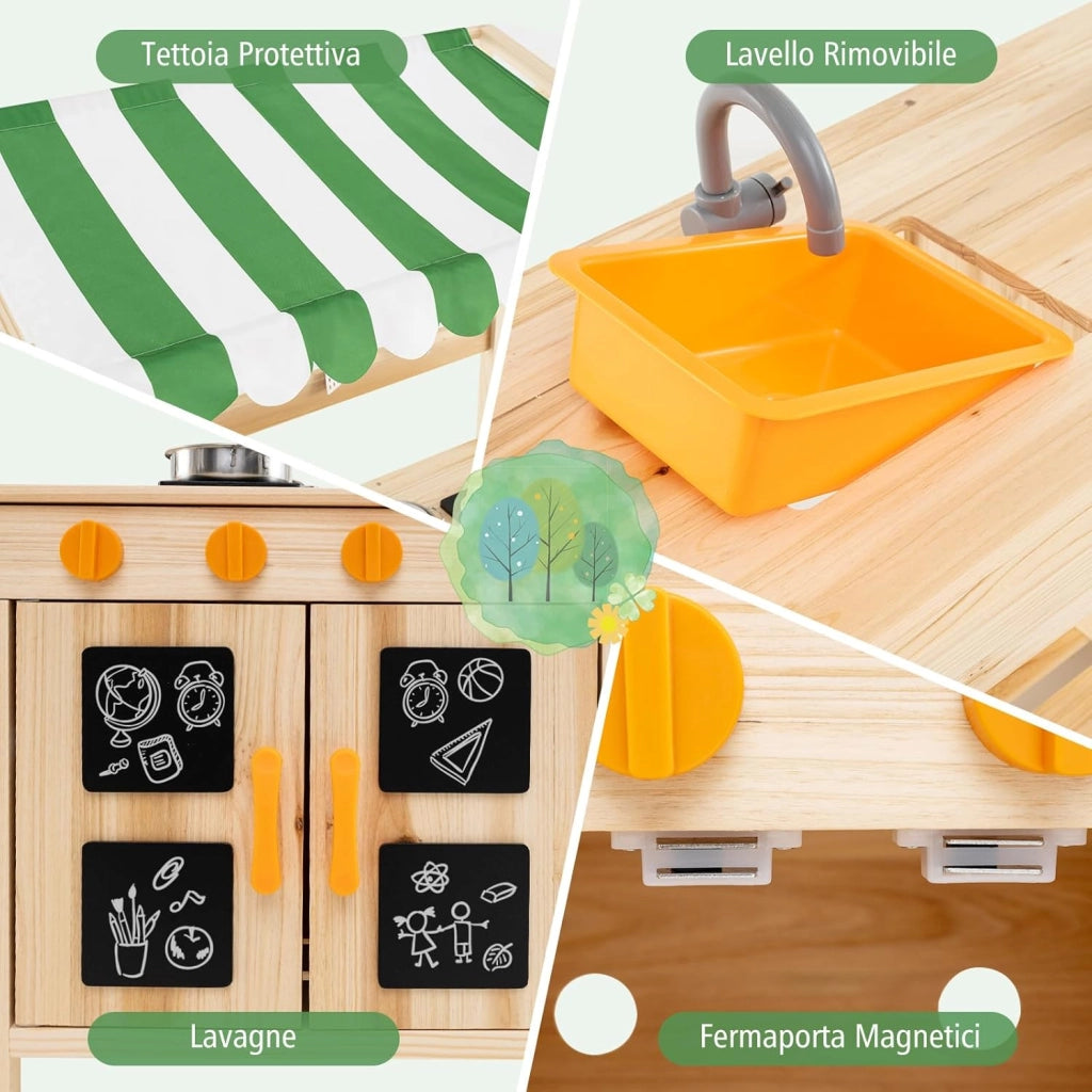 Cucina Giocattolo per Giardino in Legno di Abete, Cucina per Fango da Esterno con Tettoia, Fornelli, Ganci, 4 Lavagne e Lavello, Set Cucina con 5 Accessori, 88 x 39 x 117 cm