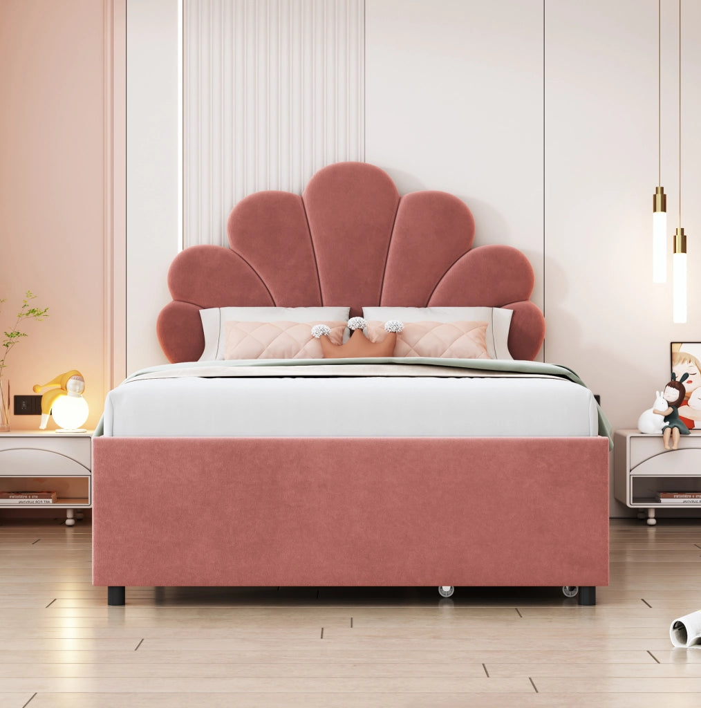 Letto imbottito 90x200 cm; 2 cassetti; velluto; rosa (Senza materasso)