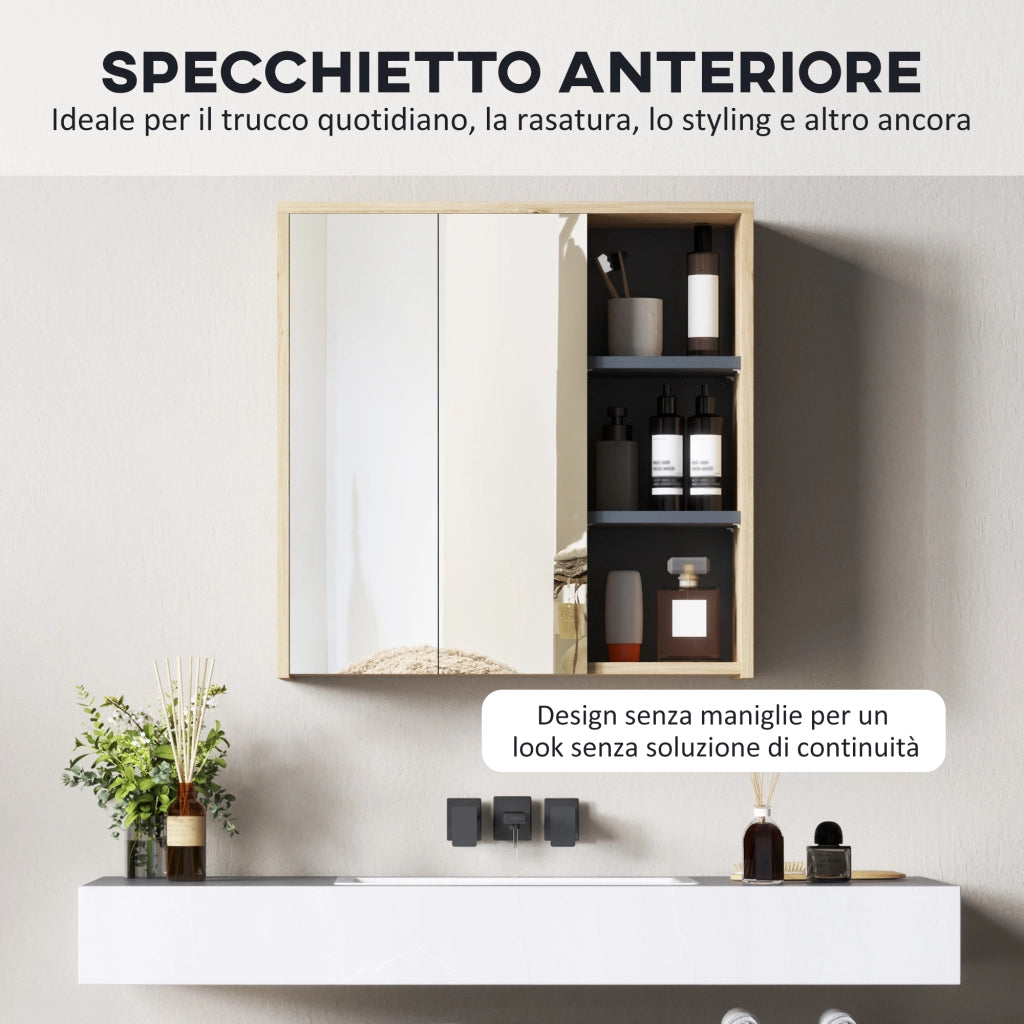 Specchio da Bagno Contenitore con 2 Ante 60x20x60 cm con Specchio e Scomparto Aperto Naturale