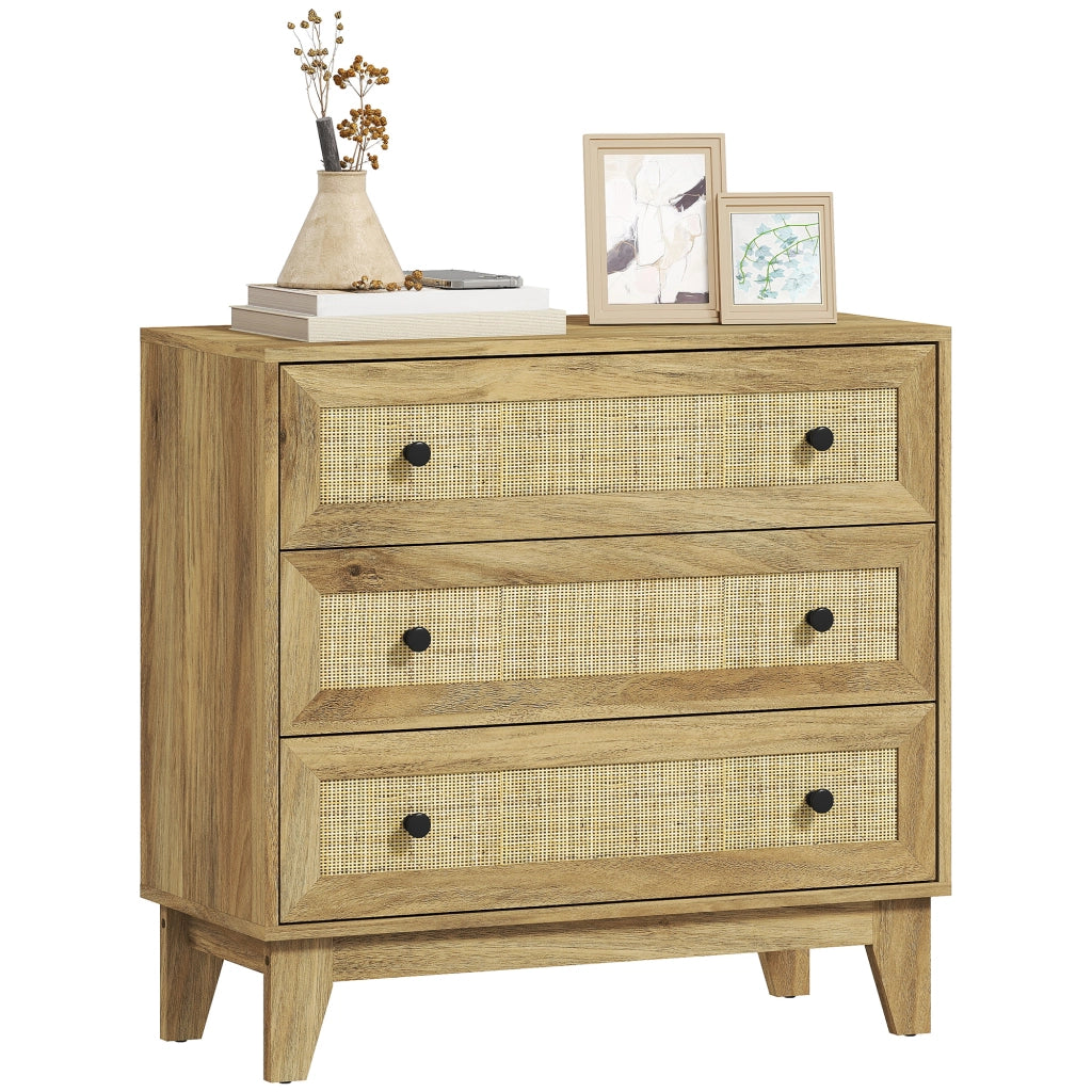 C¨®moda 3 Cassetti in Legno con Frontale in Rattan Stile Cannage ¨C zephmum ¨C 80x35x76 cm Naturale