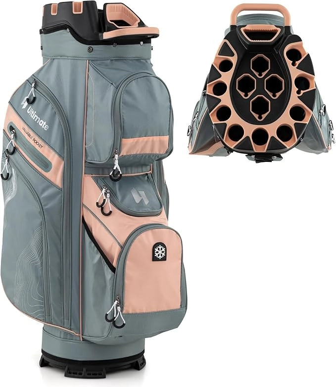 Borsa Carrello da Golf, Sacca da Golf con Serratura e Divisori a 14 Vie, 11 Tasche, Sacca Isolante, Tracolla Imbottita, Maniglie, Porta Ombrello e Cappuccio Antipioggia