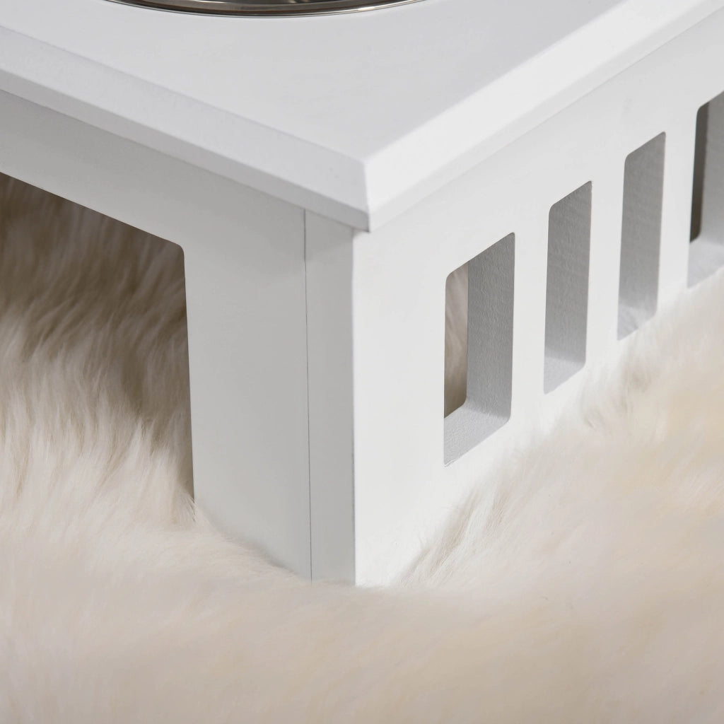 Scaffale con due ciotole rialzate in MDF e acciaio inox bianco per acqua e cibo per cani 58,4 × 30,5 × 25,4 cm