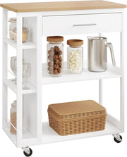 Carrello con Ruote, Isola da Cucina, Carrello Portaoggetti con Piano di Lavoro Cassetto Ripiani Aperti, Contenitore per Sala da Pranzo/Bagno/Cucina, 73x38x88 cm, Effetto Bambù + Bianco, RW051eiw