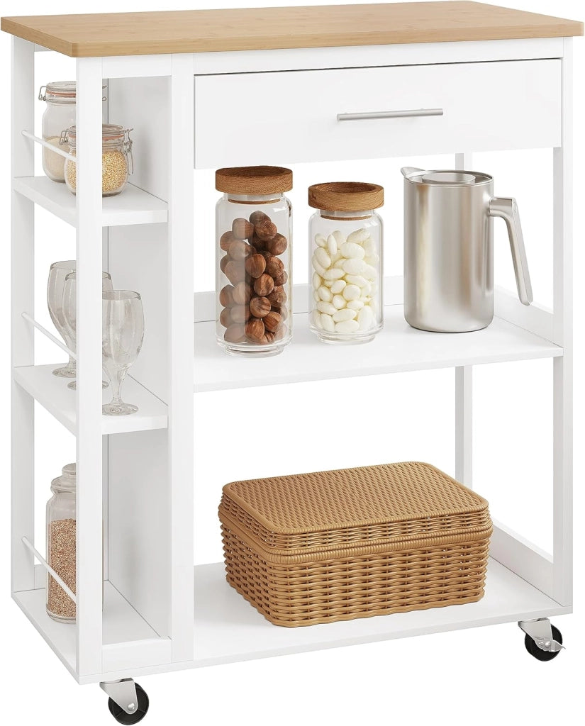 Carrello con Ruote, Isola da Cucina, Carrello Portaoggetti con Piano di Lavoro Cassetto Ripiani Aperti, Contenitore per Sala da Pranzo/Bagno/Cucina, 73x38x88 cm, Effetto Bambù + Bianco, RW051eiw