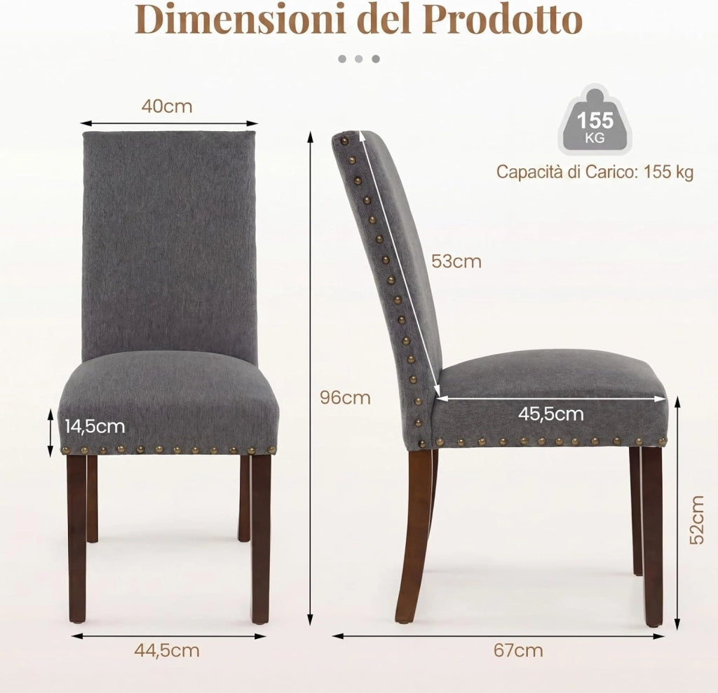 Set di 2 Sedie da Pranzo Imbottite, Sedie da Cucina con Schienale Alto, Gambe in Legno Massello e Piedini Regolabili, Portata 155 kg, Sgabelli Moderni per Cucina, Soggiorno e Ufficio (Grigio)