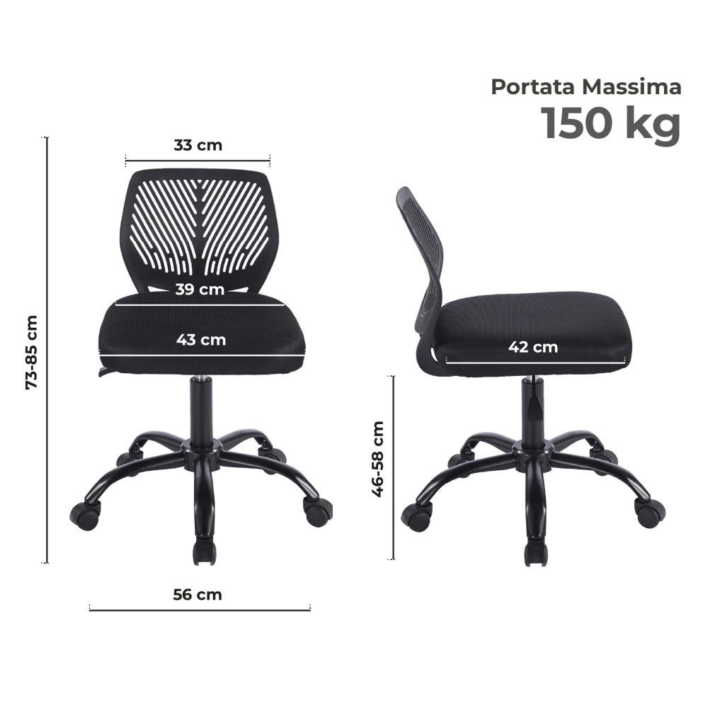 Sedia Ufficio Ergonomica Senza Braccioli, Altezza Regolabile, Schienale Traforato Traspirante, Seduta Imbottita Comfort, Base con Ruote 360°, Portata 150 kg