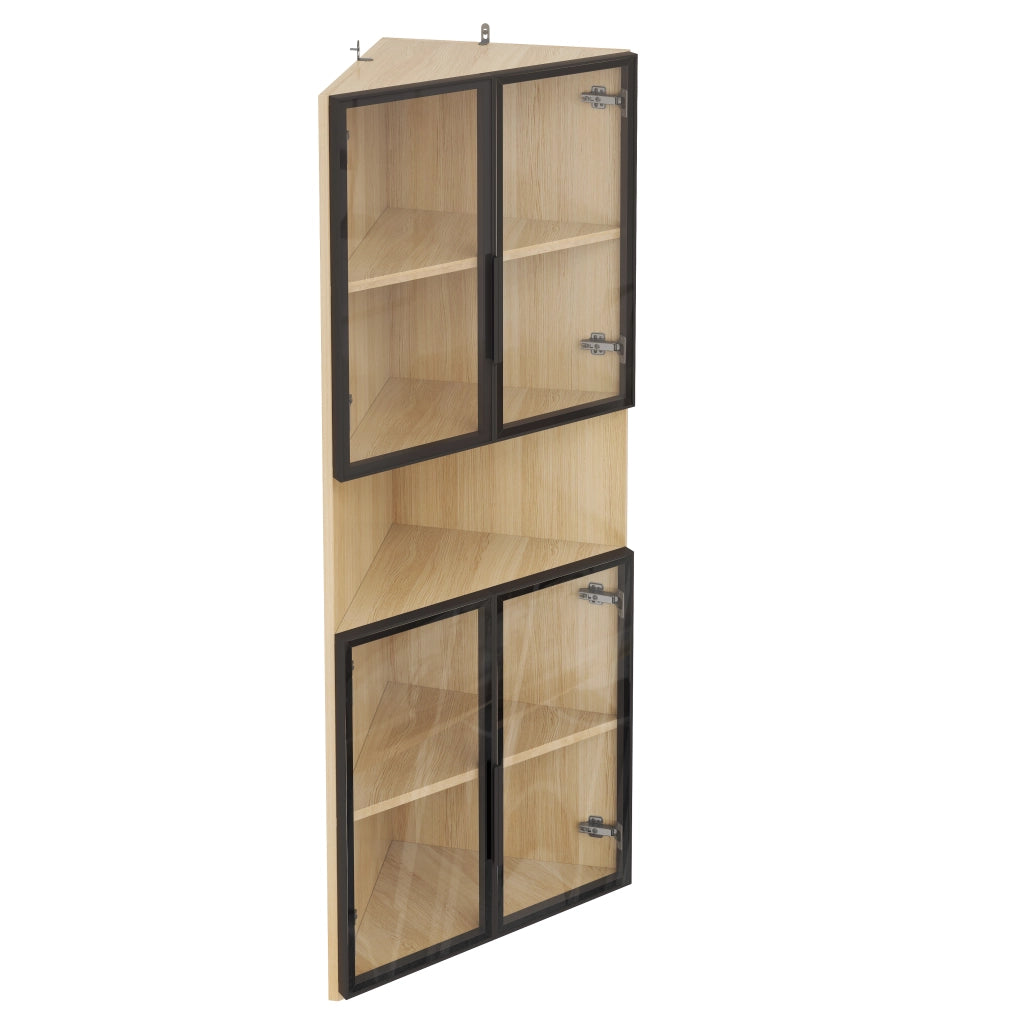 Vetrina angolare LED in MDF effetto rovere 62x32x160 cm con ante in vetro e chiusura soft-close