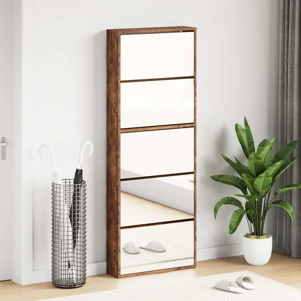 Scarpiera con Specchio a 5 Livelli Rovere Fumo 63x17x169,5 cm
