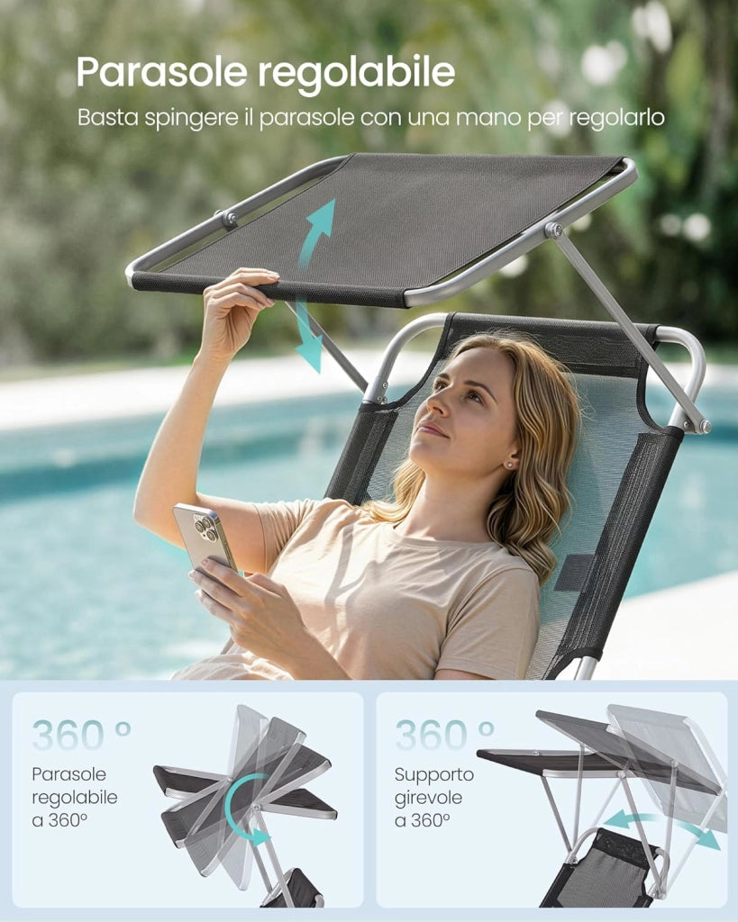 SONGMICS Sedie a Sdraio Pieghevoli, 189 x 53 x 28,5 cm, Lettini Prendisole, Portata 110 kg Ciascuno, Parasole e Schienale Regolabili, per Terrazza e Balcone, Set da 2, Nero GCB294BZ02