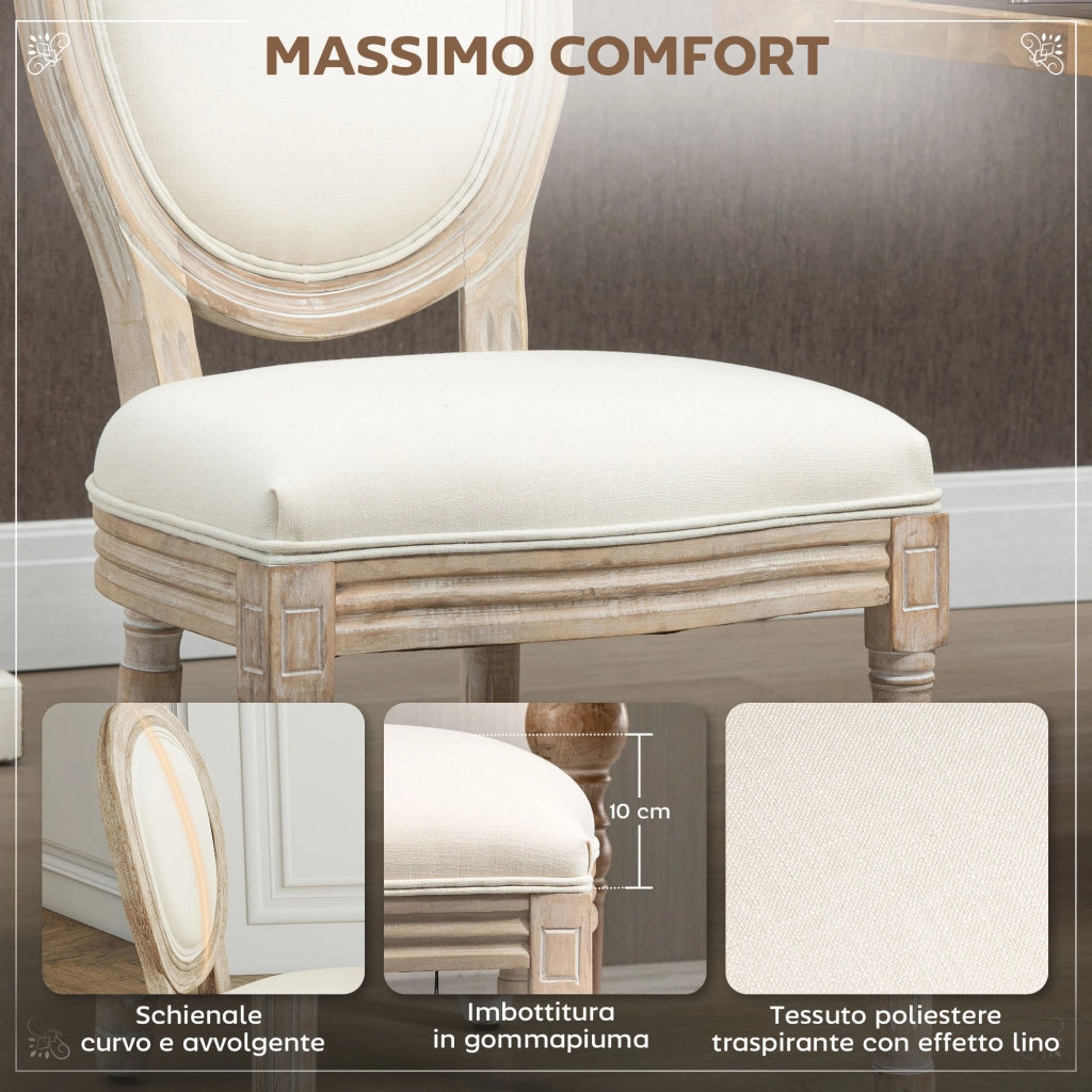 Set di 2 Sedie in Legno Vintage Retro con Rivestimento in Tessuto. 49x56x96cm. Bianco Panna