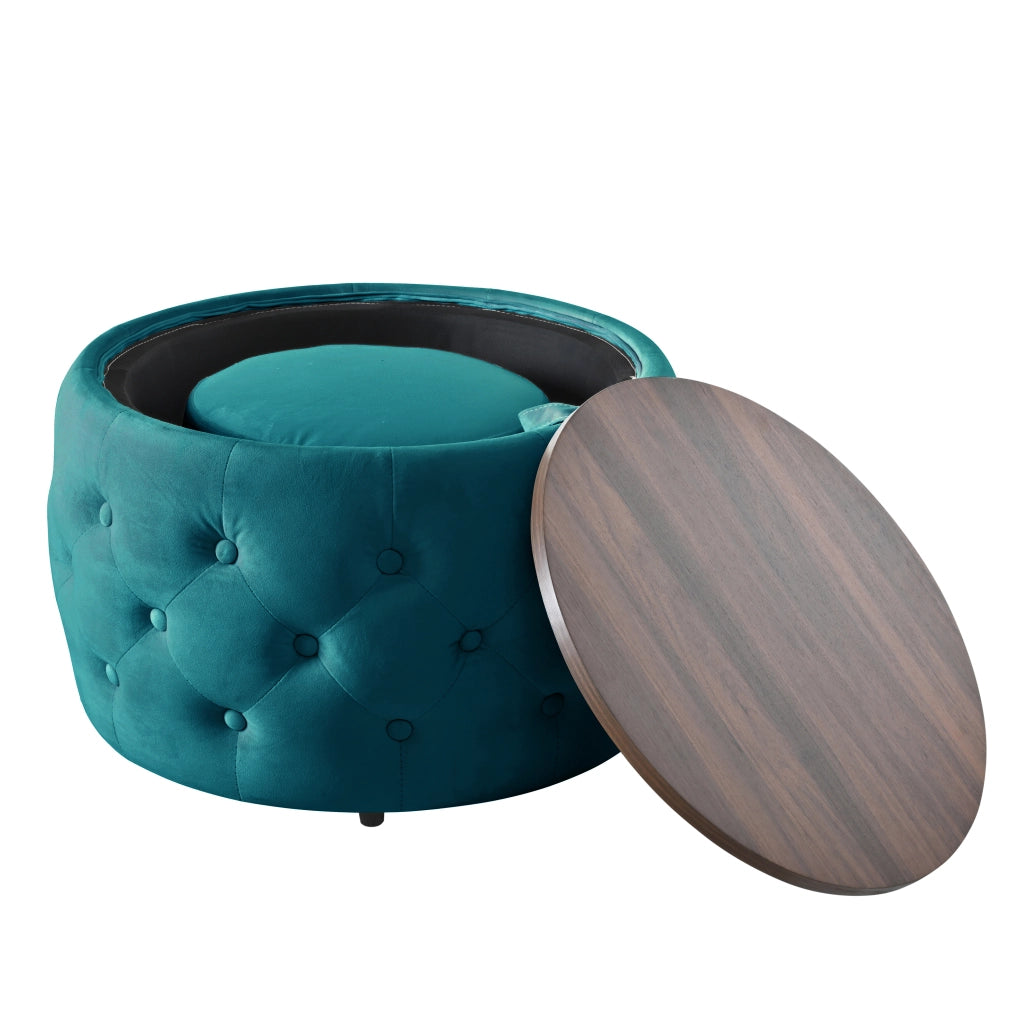 Pouf contenitore in velluto con vano portaoggetti e vassoio in legno blu 58 × 58 × 38 cm
