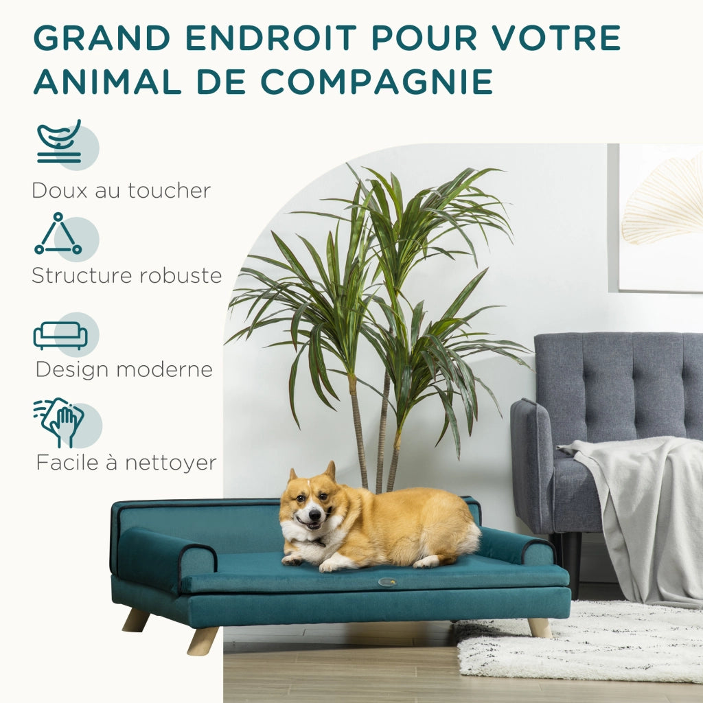 Divano per cane gatto design scandinavo cuscino removibile legno massello 100x62x32 cm blu
