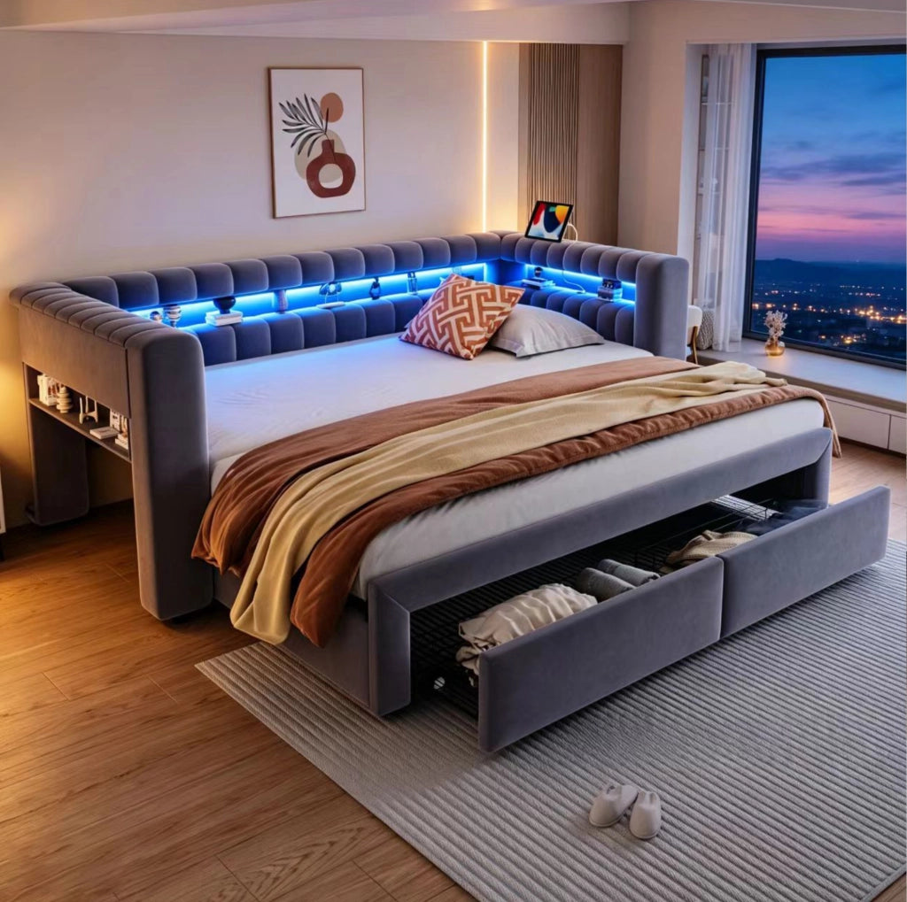 Divano letto multifunzione 90x190 cm estraibile; con cassetti; LED; USB; in velluto grigio
