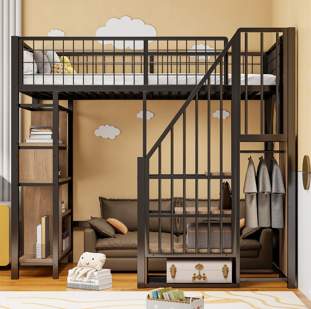 Letto a soppalco 90x200 cm con scala contenitore nero