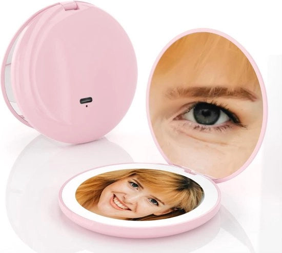 Specchietto Mini Trucco Compattibile Portatile Mano Piccola Rondi Specchio - Luce LED Doppia Facce - Strumento Portatile Donna Bellezza Cosmetica - UK15 Rosa