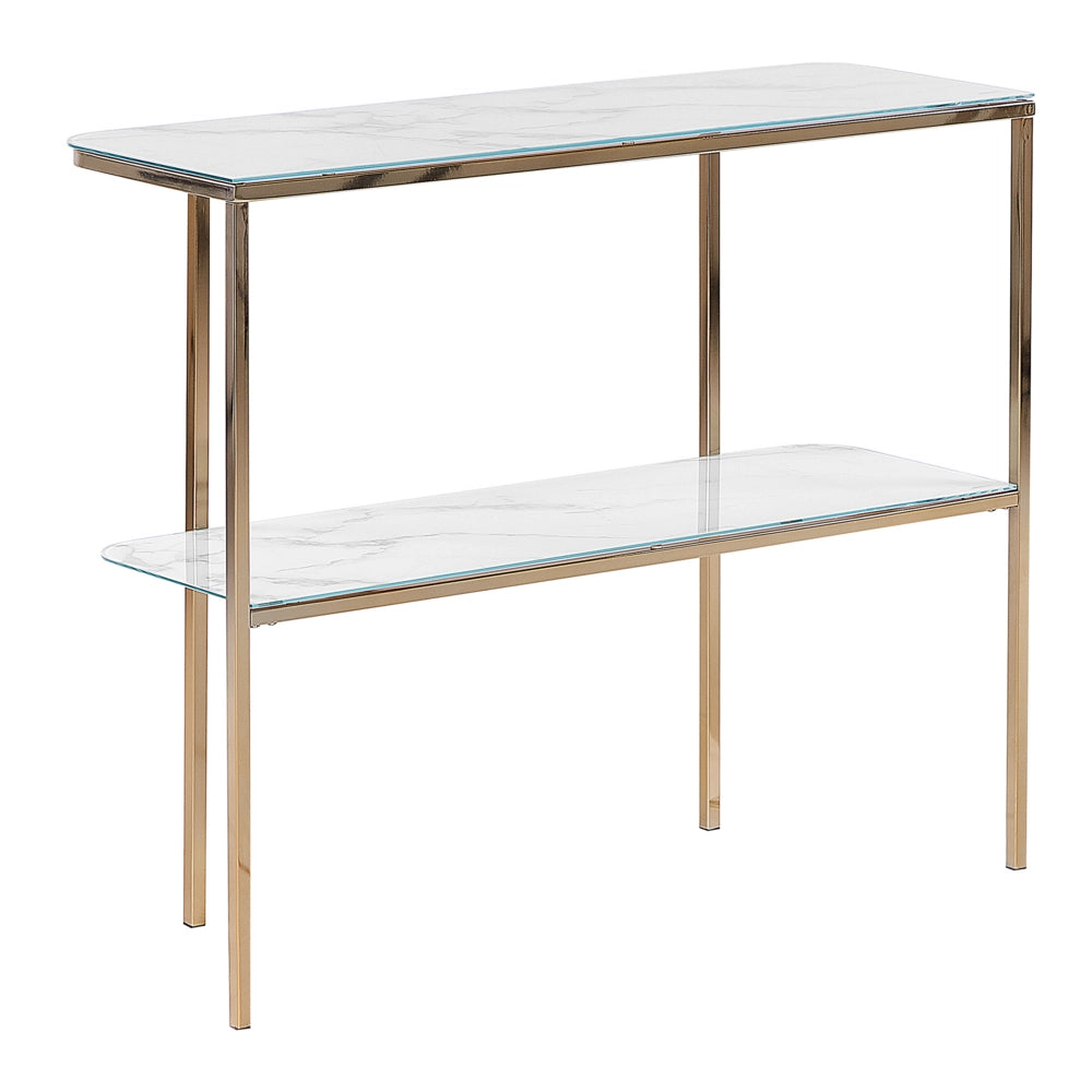 Consolle dorato Bianco Vetro Temperato Acciaio 100 x 35 cm Effetto Marmo Glam Moderno Soggiorno Camera Da Letto Corridoio