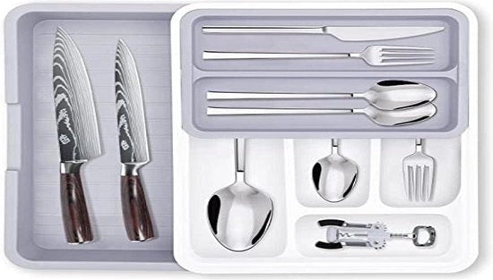 Organizzatore per utensili da cucina espandibile - regolabile - contenitore per utensili da cucina - supporto per utensili - 8 contenitori flessibili - bianco e grigio