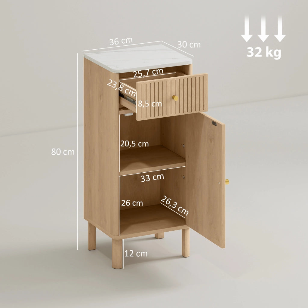 Mobiletto Bagno con Piano Effetto Marmo e Anta Scanalata ¨C Zephmum ¨C 36x30x80 cm Quercia