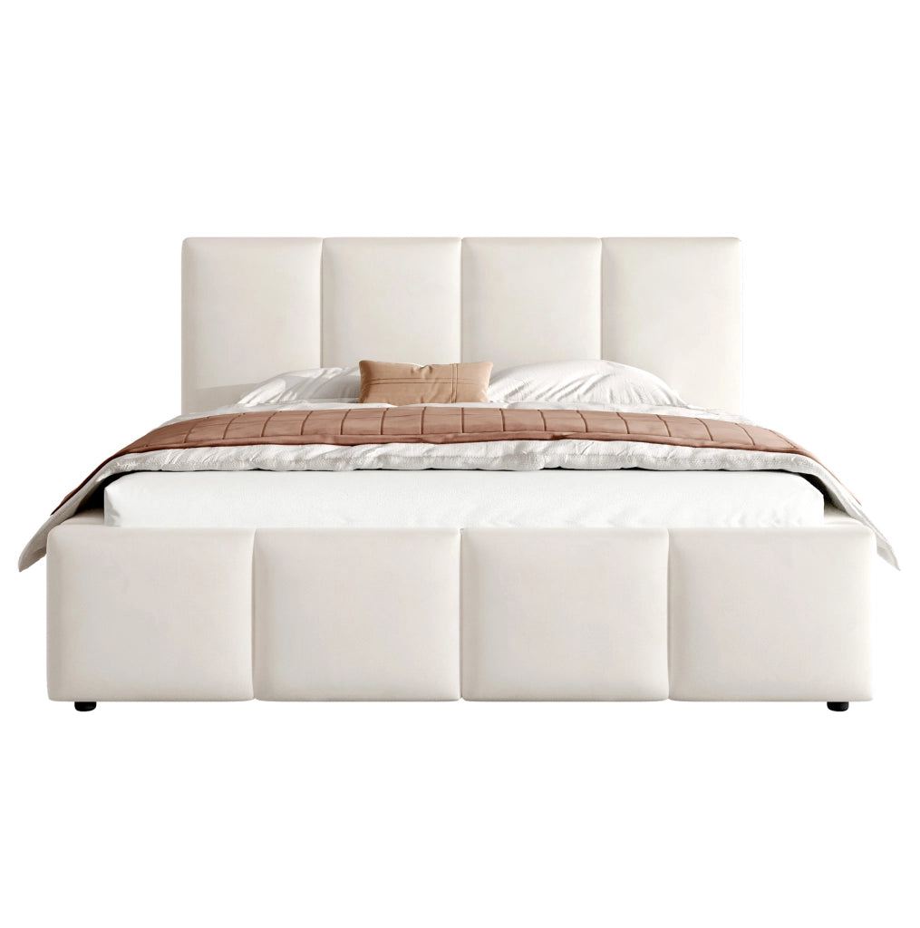 Letto matrimoniale imbottito 180x200 cm in chenille beige con testiera e rete a doghe