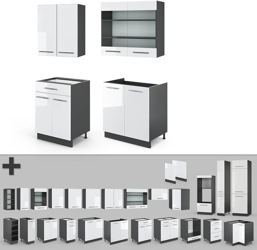Cucina completa Fame-Line, Bianco lucido/antracite, 140 cm senza piano di lavoro, adatto per la combinazione individuale con altri moduli