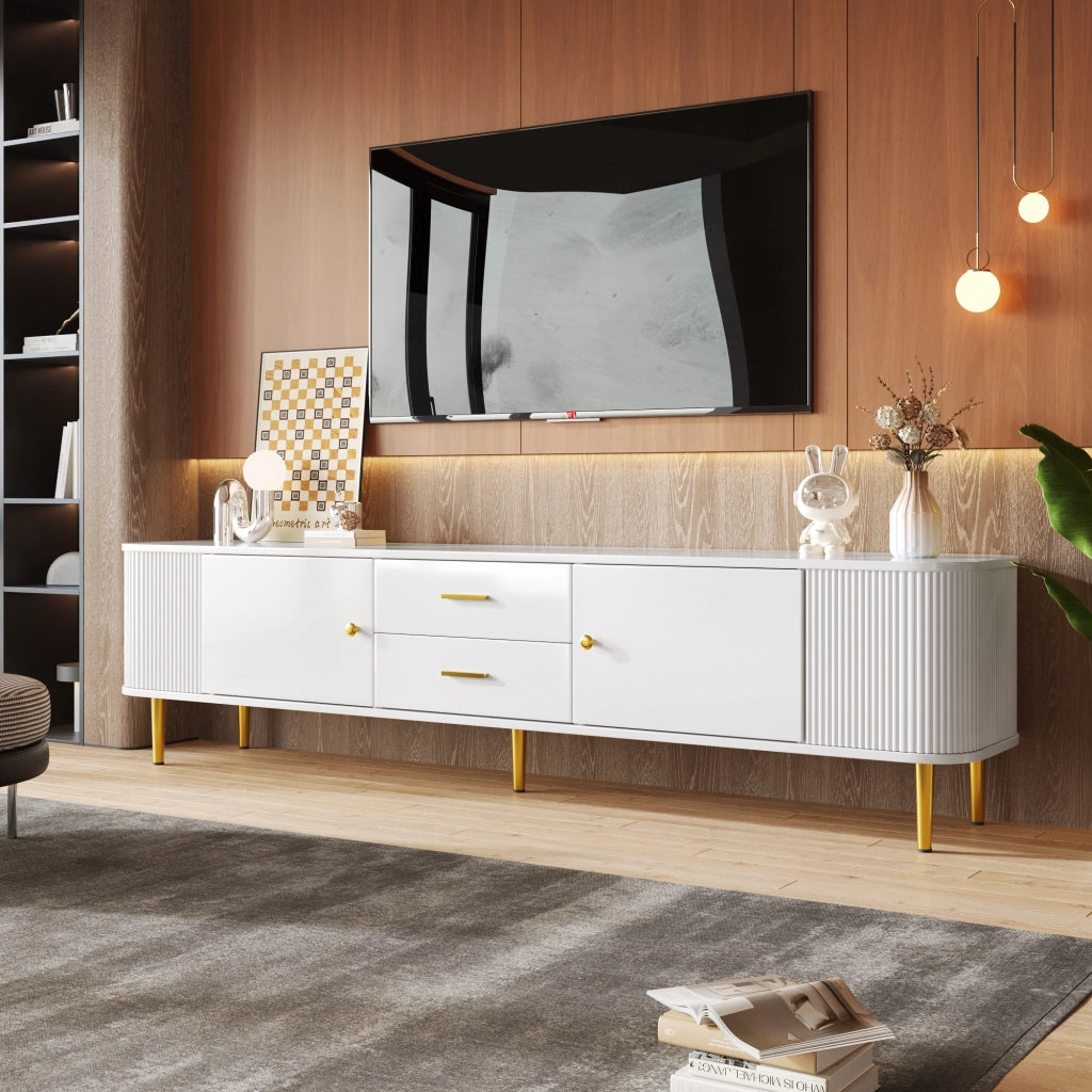 Mobile TV con 2 Ante e 2 Cassetti; Angoli Arrotondati; Fianchi Ondulati; Gambe Dorate; in MDF; Bianco; 170??34??45 cm
