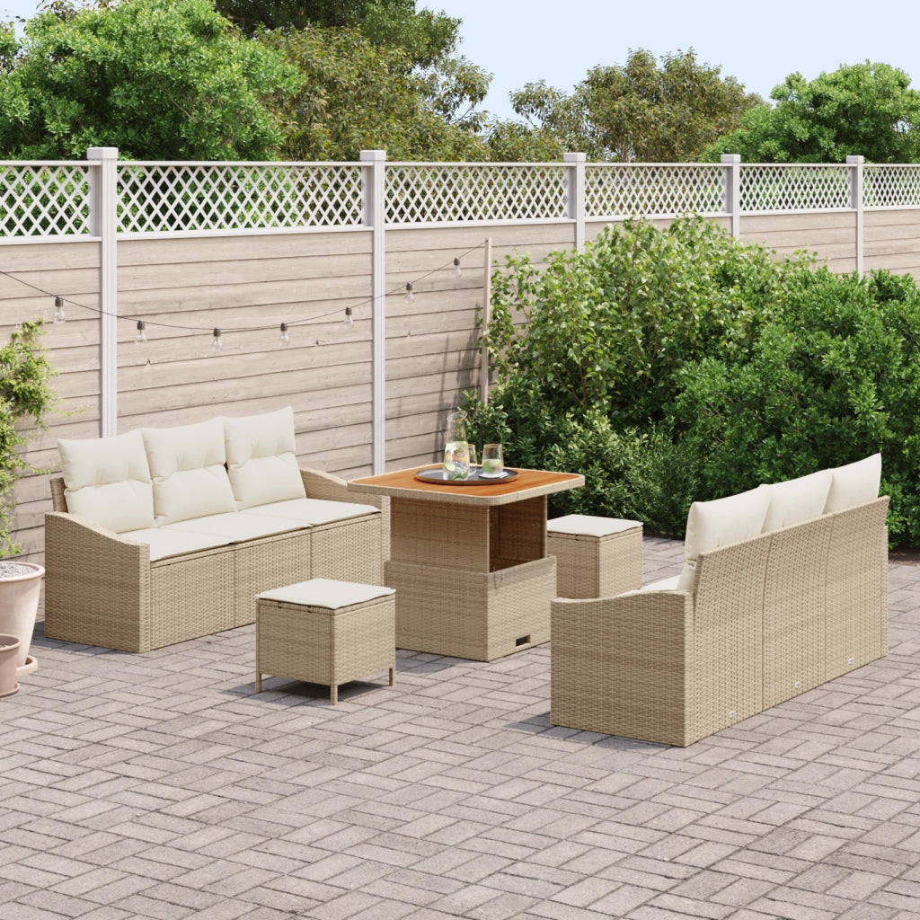 Set di divano da giardino 9 pezzi con cuscini in polyrattan beige e acacia
