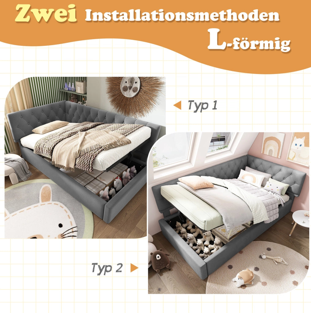 Letto imbottito 90x200 cm in velluto grigio con contenitore idraulico; testiera reversibile
